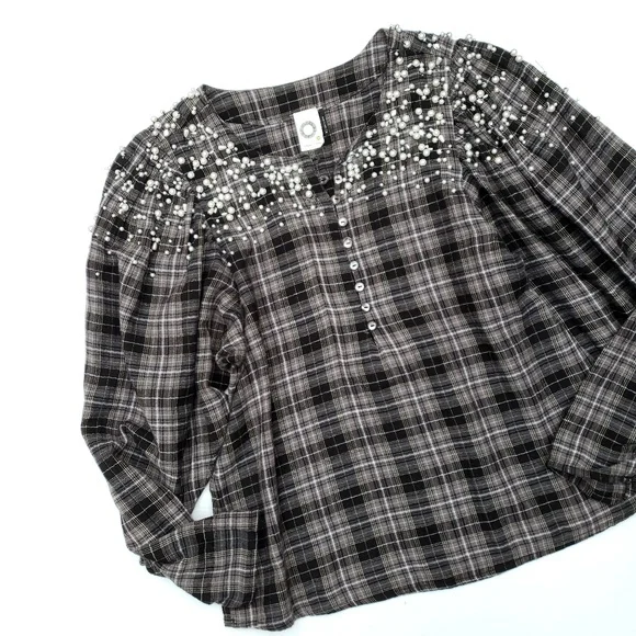 Anthropologie Black White Plaid Beaded Top - Picture 3 of 8